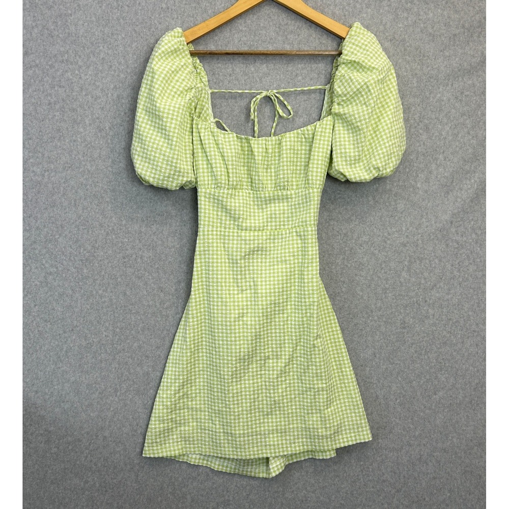 Mable Medium Gingham Mini Milkmaid Dress Green Puff Sleeve Lace Up Back Cottage